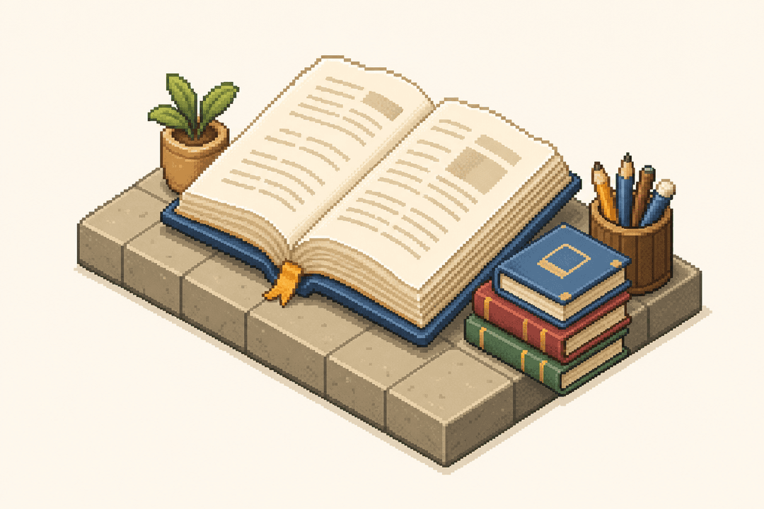 Isometric pixel art open book on a study desk